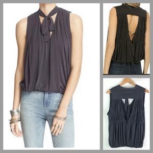 Free People Gray Tie Neck Forget Me Not Top
